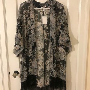 Black & grey floral kimono with fringe bottom